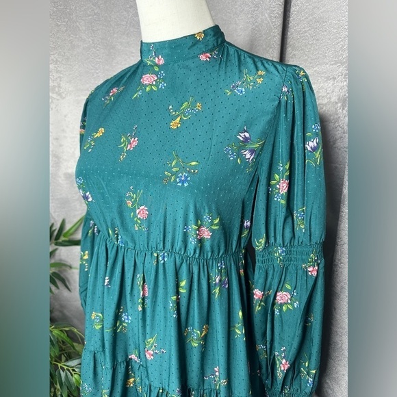 Zara Women’s Green Floral Print Tiered Babydoll Dress Puffed Sleeves Sz XS - Picture 5 of 13